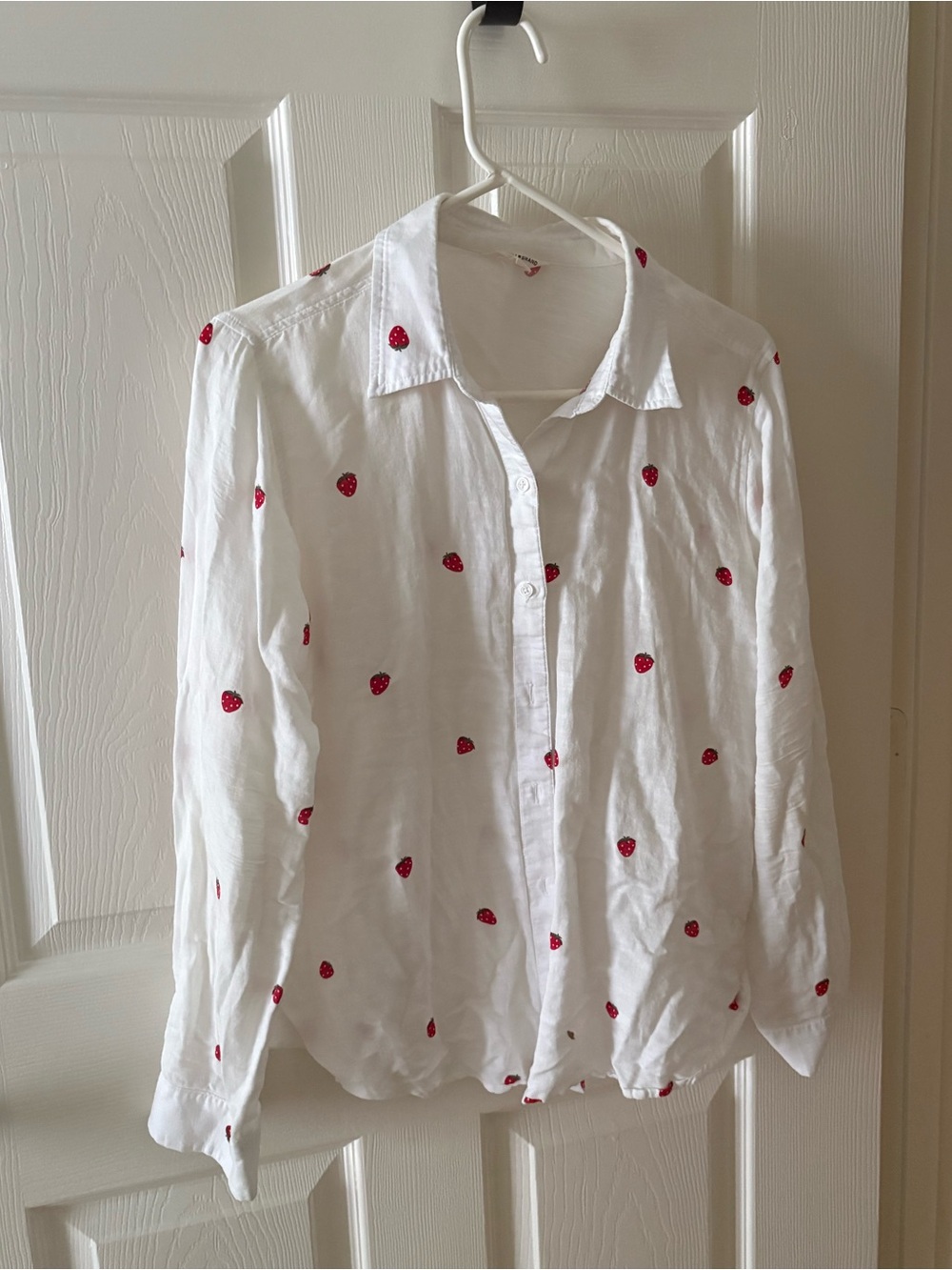 White Button-Up Shirt with Red Strawberry Print 60% Cotton